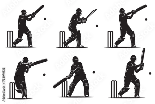 Dynamic cricket players in action, isolated on white background, capturing the essence of the sport with batsmen hitting balls in various stances vector illustration