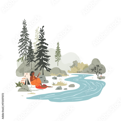 Illustration of a woman camping by a river, with a tent, trees, and rocks in the background.