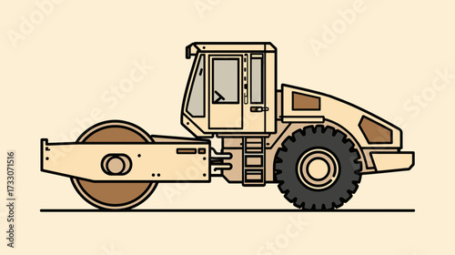 Illustration of a road roller with a cabin and large wheels.
