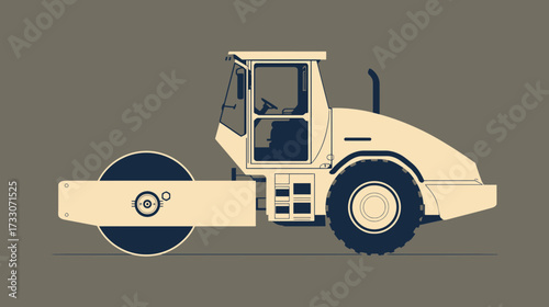 Illustration of a road roller with a large front roller and a cabin.