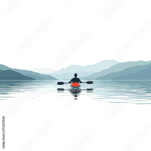 Kayaker on a serene lake surrounded by misty mountains.