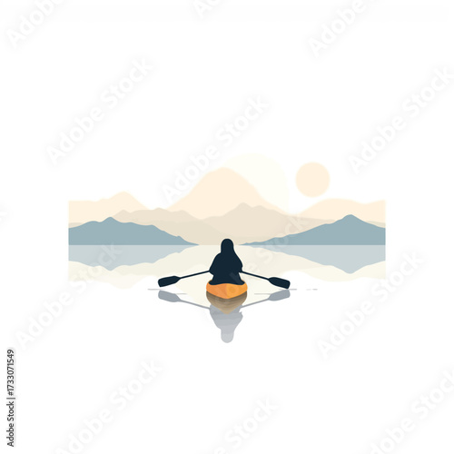 Person rowing a boat on a calm lake with mountains in the background.