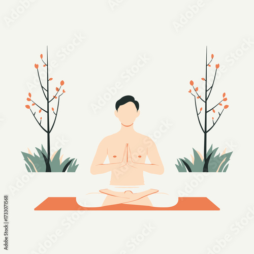 Man meditating in lotus position on a mat outdoors.