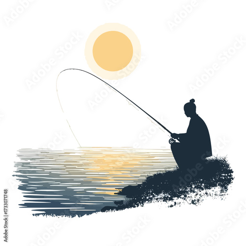 Silhouette of a person fishing by the water under a bright sun.
