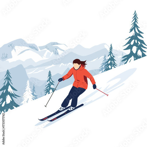 Illustration of a woman skiing down a snowy mountain slope.