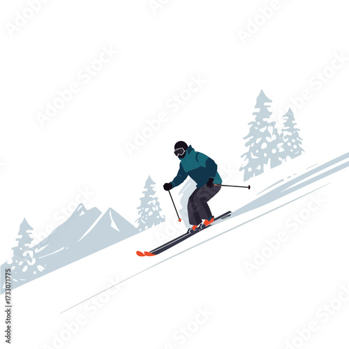 Illustration of a skier skiing down a snowy mountain slope with trees and mountains in the background.