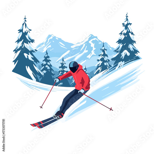 Illustration of a skier skiing down a snowy mountain slope.