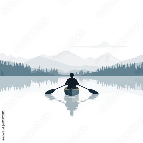 A lone figure paddles a canoe on a serene lake surrounded by mountains and trees.