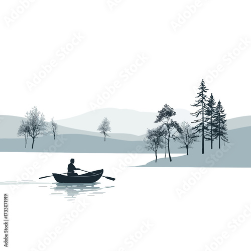 Illustration of a person rowing a boat on a lake with trees and mountains in the background.