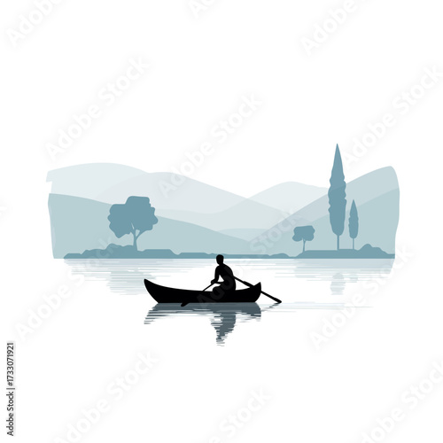 Silhouette of a person rowing a boat on a calm lake with a mountain backdrop.