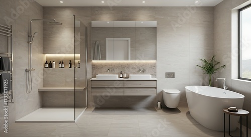 Modern bathroom interior with shower vanity and bathtub featuring neutral tones