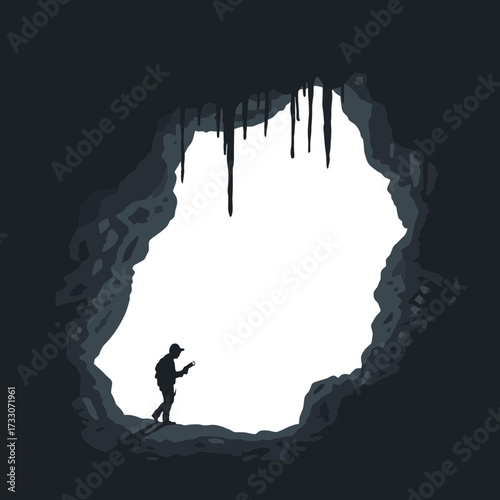 Silhouette of a person exploring a cave with stalactites, illuminated by light.