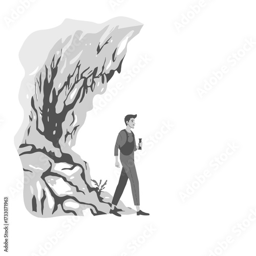 Man exploring a cave with a flashlight in hand.
