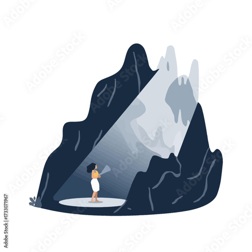 Illustration of a woman exploring a dark cave with a flashlight, revealing rock formations.