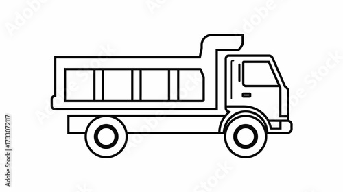 A line drawing of a dump truck in black and white, side view.
