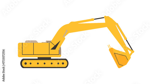 Yellow excavator with bucket on white background.