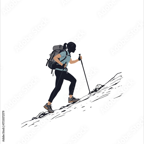 Illustration of a woman hiking up a steep incline with a backpack and trekking poles, showcasing outdoor adventure and determination.