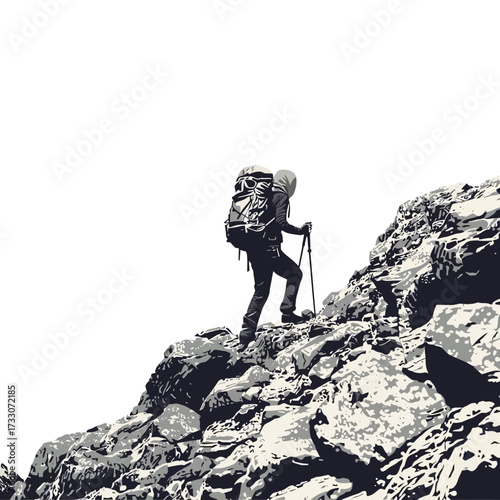 Person climbing a rocky mountain with hiking poles and a backpack.