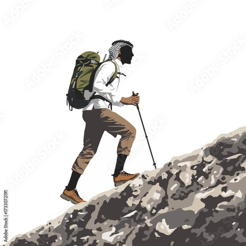 Illustration of a hiker climbing a rocky hill with a backpack and trekking pole.