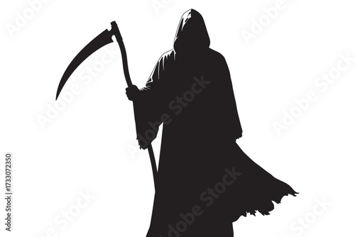 Grim reaper silhouette isolated on white background embodies mortality, mystery, and the inevitable passage of time in a stark monochrome representation vector illustration