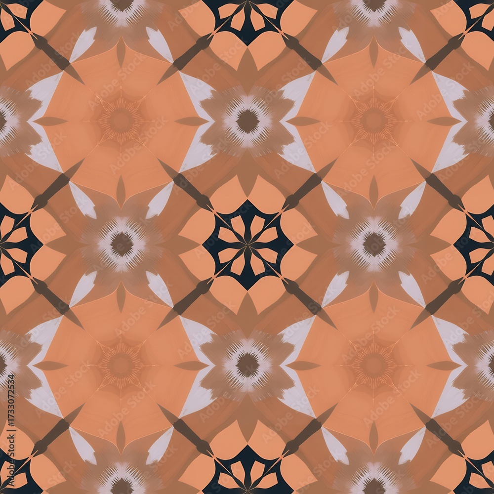 Fototapeta premium Seamless repeating pattern of stylized floral motifs in orange brown and blue hues