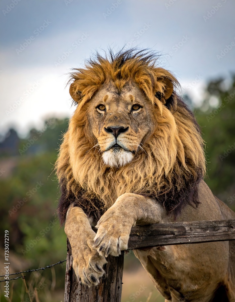 Obraz premium Lion resting on a fence