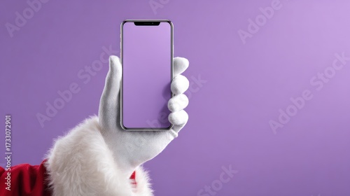 A white-gloved hand, part of a costume, holds a smartphone with a purple screen