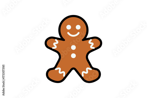 A simple and cute illustration of a smiling gingerbread man cookie with white icing details on a white background.