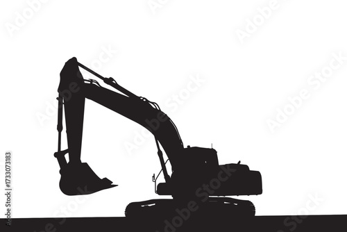Silhouette of a heavy excavator isolated on white background, showcasing its powerful arm and bucket, ready for construction or demolition work vector illustration