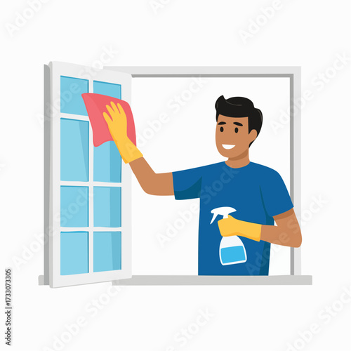 a man cleaning window with spray and cloth wearing yellow gloves in bright room showing cleanliness and hygiene.