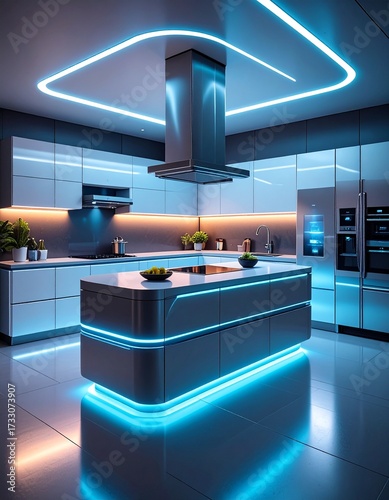 Futuristic Kitchen Design: Modern Lighting and Sleek Lines Create a Unique Culinary Space, Contemporary Kitchen Interior with Neon Accents and a Minimalist Aesthetic