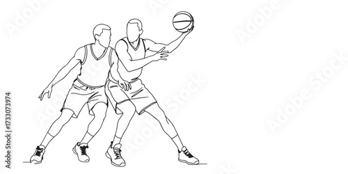 Minimalist line art illustration of two basketball players in an intense game moment, one defending while the other protects the ball, strategy, competition, and athletic motion. Perfect for posters