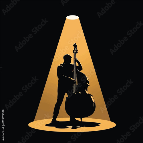 Silhouette of a musician playing a double bass under a single golden spotlight on a dark stage.