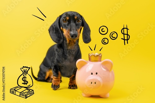 Adorable dachshund sitting next to a pink piggy bank on a vibrant yellow background, symbolizing savings and financial planning. ideal for themes like budgeting and pet-friendly finance.