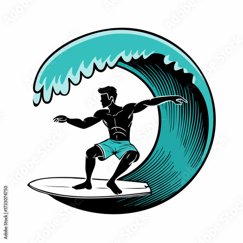 Surfer rides a large wave in the ocean, displaying skill and balance during a sunny day at the beach, capturing the thrill and energy of surfing.