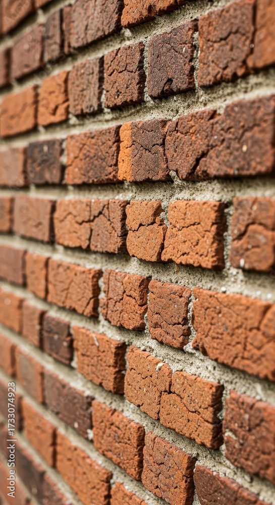 Obraz premium Detailed captures a weathered brick wall, displaying rich textures and diverse shades of red, orange, and brown within the textured surface of the masonry work.