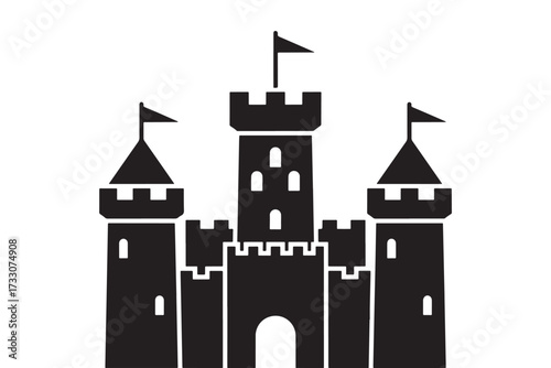 A black castle isolated on white background with towers, flags, and crenellations stands as a symbol of power, history, and architectural grandeur vector illustration