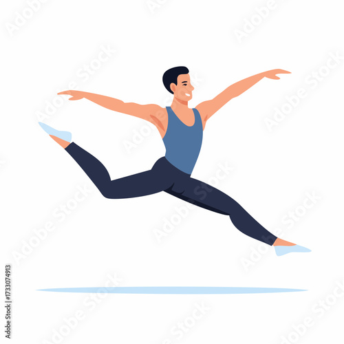 Professional male ballet dancer mid-air during performance, elegance and power