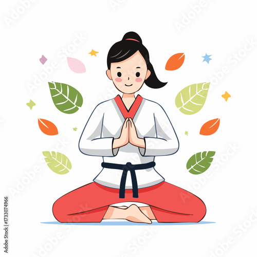 Mindful cartoon woman in martial arts uniform meditating peacefully with hands in prayer, surrounded by gentle floating leaves
