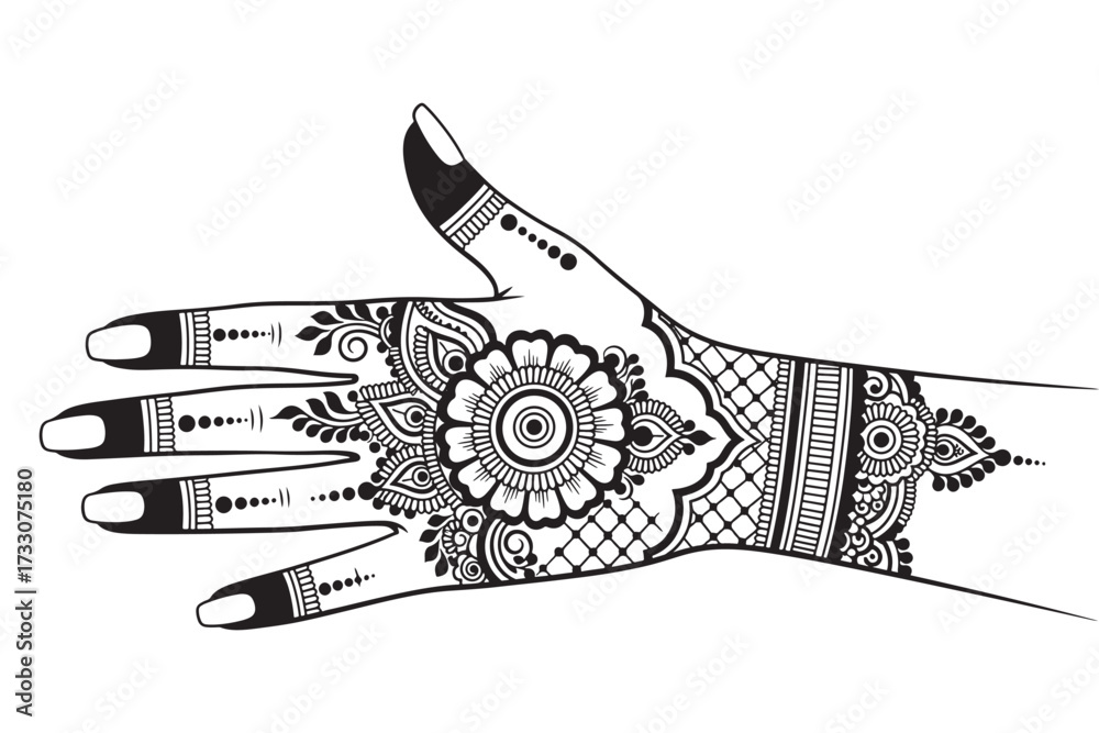Obraz premium An intricate henna design on a hand, isolated on white background, showcasing traditional artistry and cultural beauty with delicate patterns and motifs vector illustration