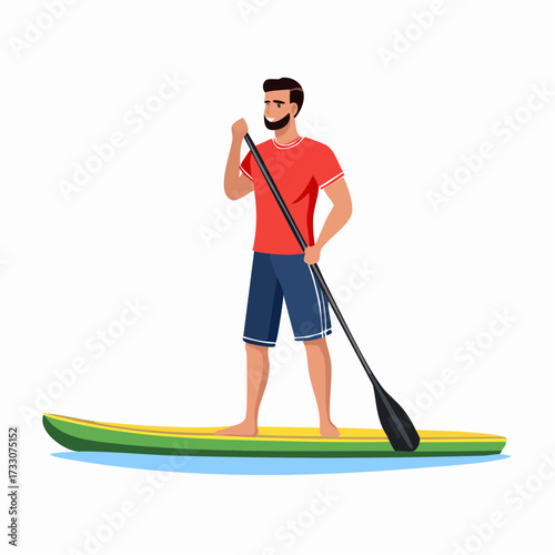 Bearded man stand up paddleboarding, enjoying summer water sports and leisure activity. Cartoon vector illustration of guy with paddle.