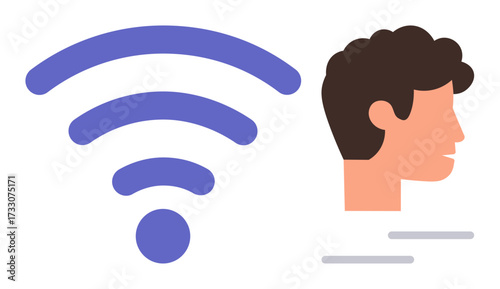 Large wireless signal next to male profile representing digital communication, connectivity, and networking. Ideal for technology, communication, internet services, social media, virtual interaction