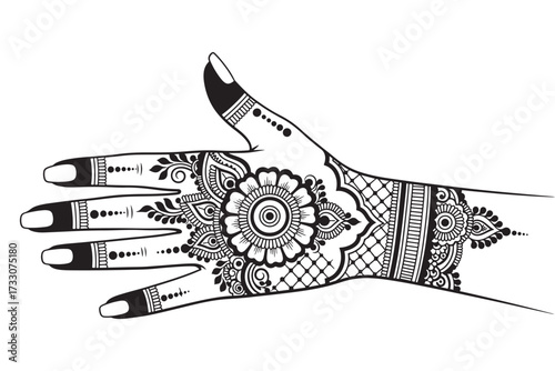 An intricate henna design on a hand, isolated on white background, showcasing traditional artistry and cultural beauty with delicate patterns and motifs vector illustration