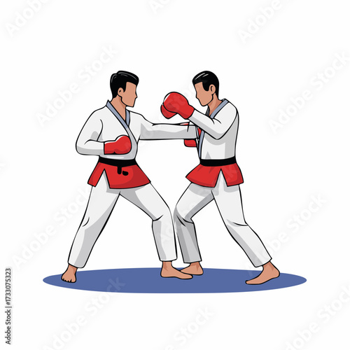 Two male martial artists sparring in traditional uniforms with red gloves, engaged in a dynamic combat sports illustration.
