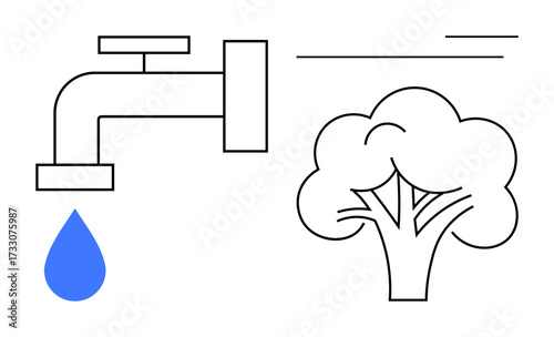 Faucet releasing a single blue drop near a tree with minimal lines suggesting wind or movement. Ideal for sustainability, water conservation, environmental care, drought awareness, eco-friendly