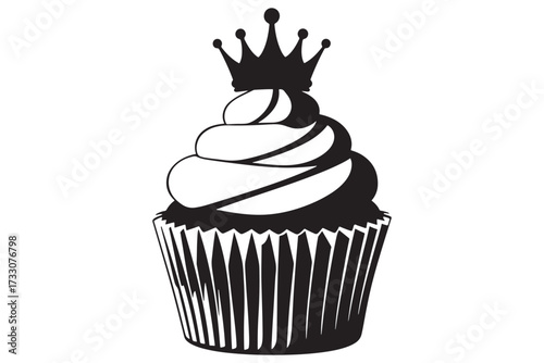 A cupcake with a crown isolated on white background, a sweet treat fit for royalty, decorated with frosting and a regal symbol vector illustration