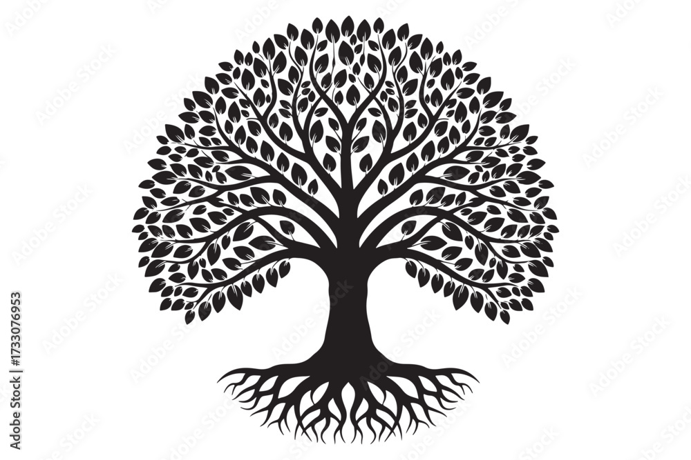 Naklejka premium A detailed silhouette of a tree with a full crown of leaves and visible roots isolated on white background, symbolizing nature and growth vector illustration