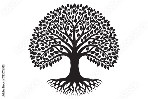 A detailed silhouette of a tree with a full crown of leaves and visible roots isolated on white background, symbolizing nature and growth vector illustration