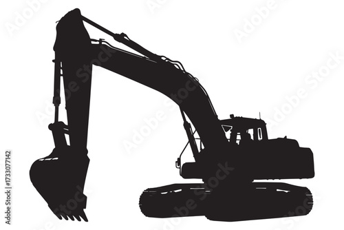 Silhouette of a large excavator isolated on white background, showcasing heavy machinery and construction equipment used for digging and earthmoving vector illustration