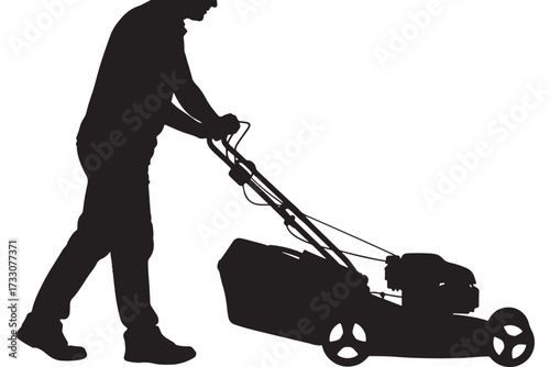 Silhouette of a man mowing the lawn with a lawnmower isolated on white background, showcasing yard work and outdoor maintenance activities vector illustration